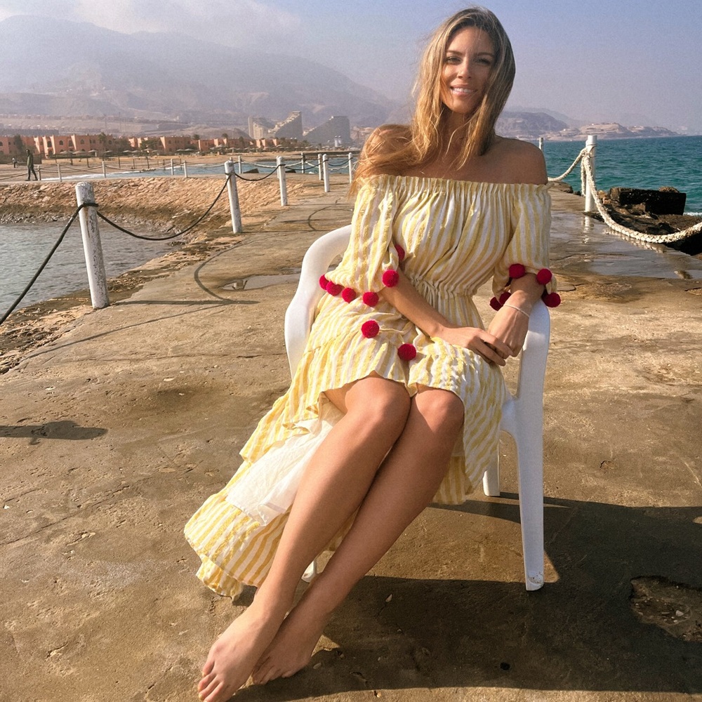 Sundress Yellow Striped Off-Shoulder High Low Maxi Dress | XS/S